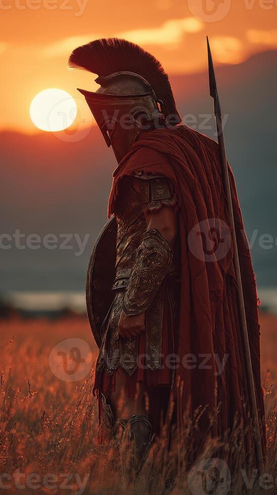 Warrior stands in a golden field at sunset, capturing the essence of ancient battles and valor in this striking moment photo