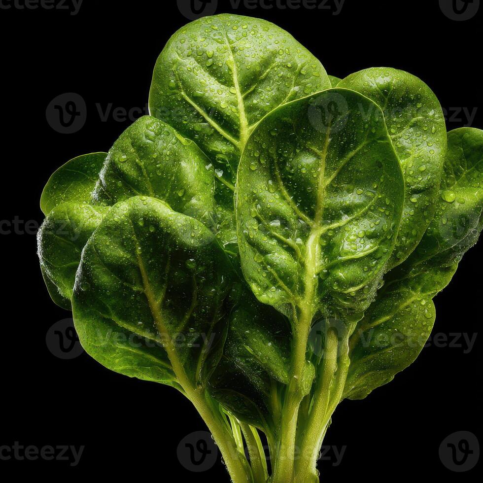 Fresh and vibrant spinach leaves glistening with water droplets in a dark setting photo