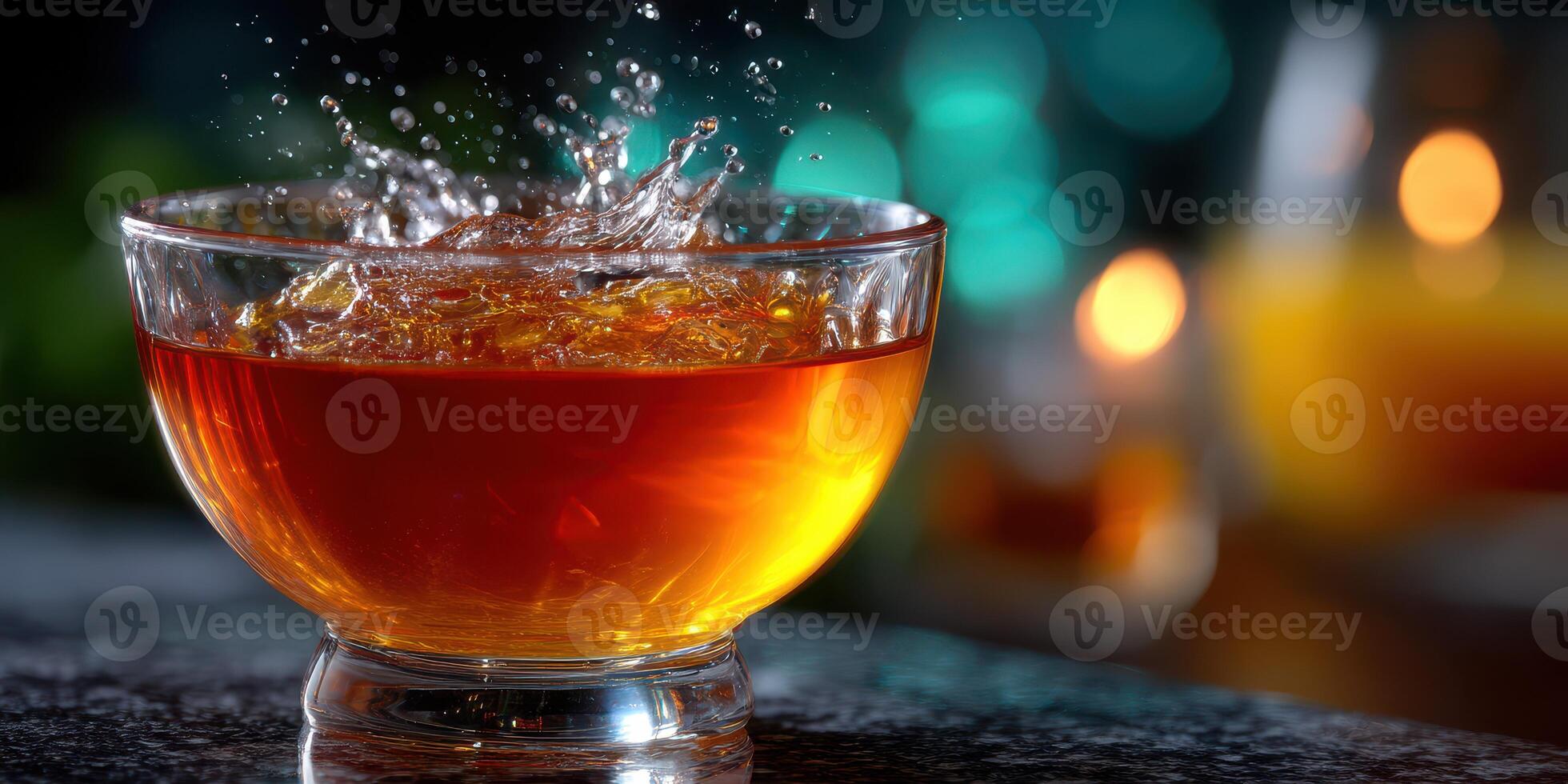 Refreshing drink splashes in a glass creating ripples during an evening gathering at a cozy bar photo