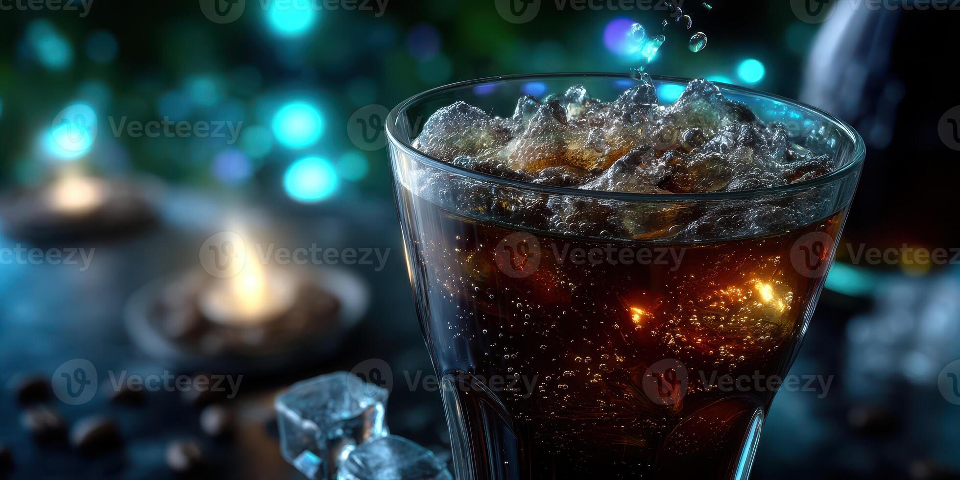 Refreshing beverage in a glass with ice, surrounded by flickering candlelight in a cozy atmosphere photo