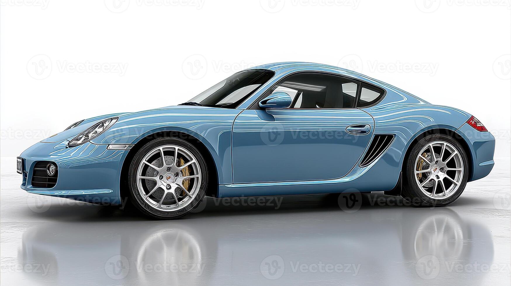 Classic blue sports car showcasing sleek design and modern features on a reflective surface in a bright indoor setting photo
