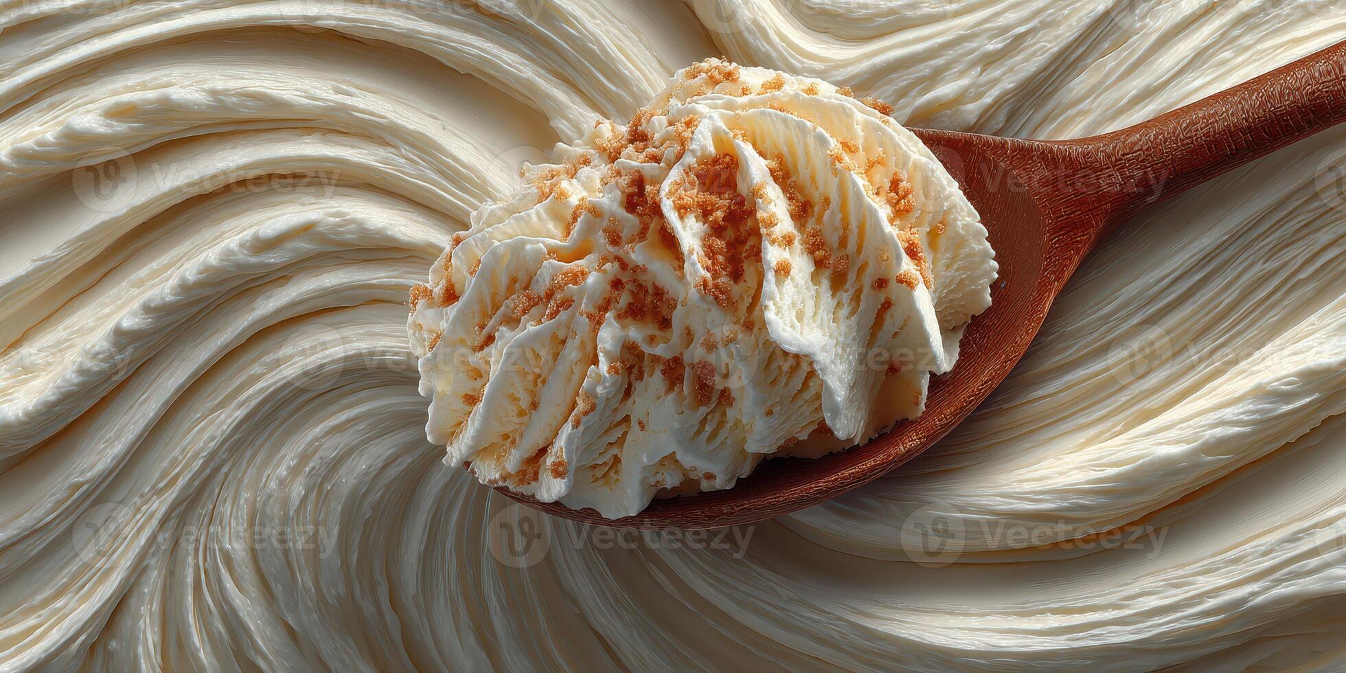 Whipped cream on a wooden spoon with a creamy swirl backdrop capturing culinary delight in a cozy kitchen photo