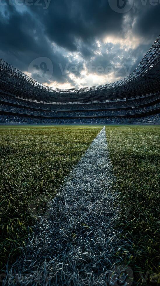 Empty stadium under cloudy sky with marked field waiting for the game to begin in the evening light photo