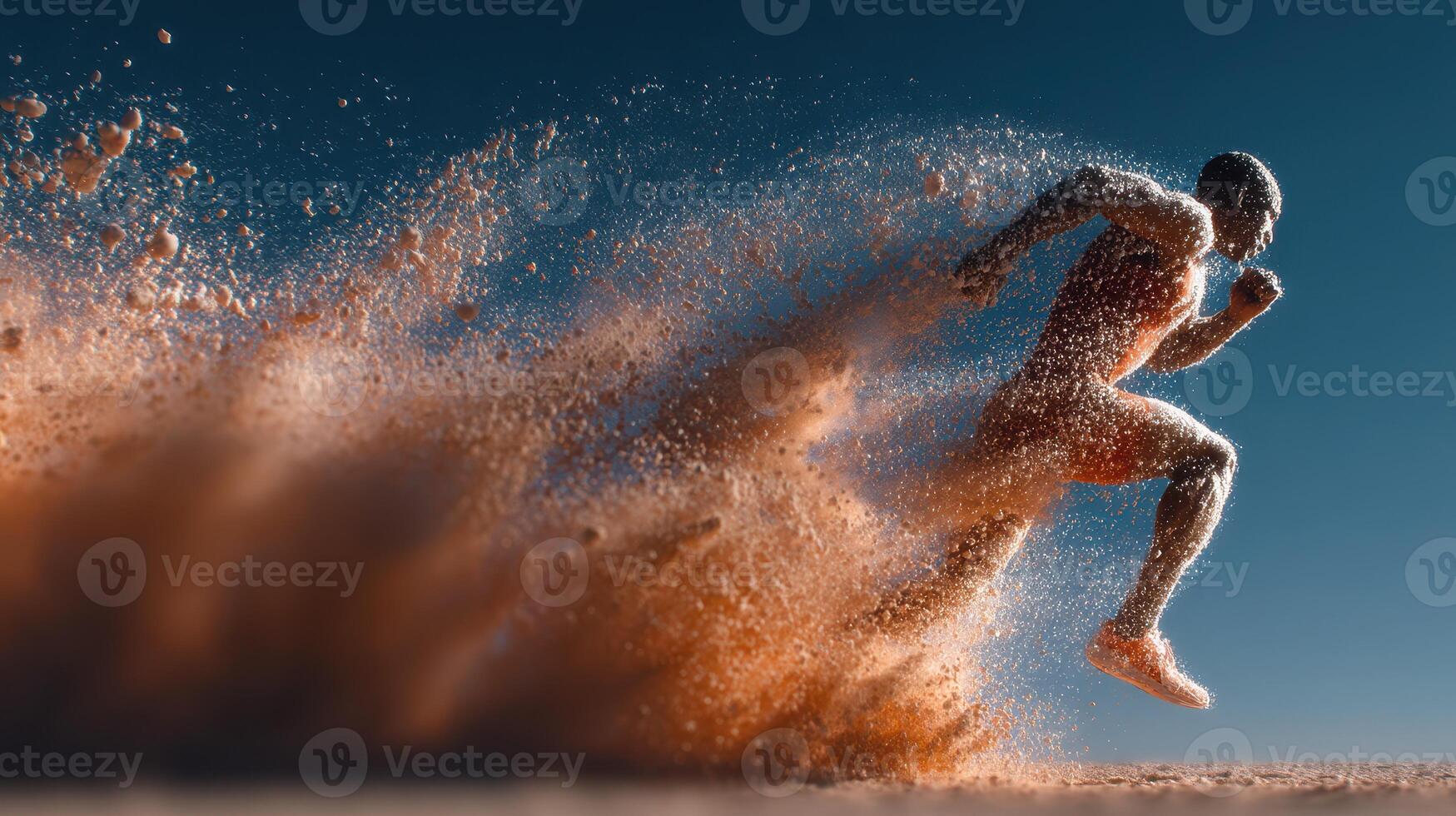 Dynamic runner kicking up dust on a sunlit track during a training session photo