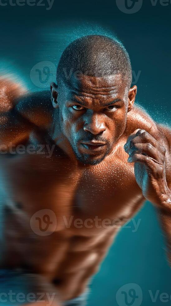Intense runner showcasing strength and determination during a sprinting workout in a dynamic training environment photo