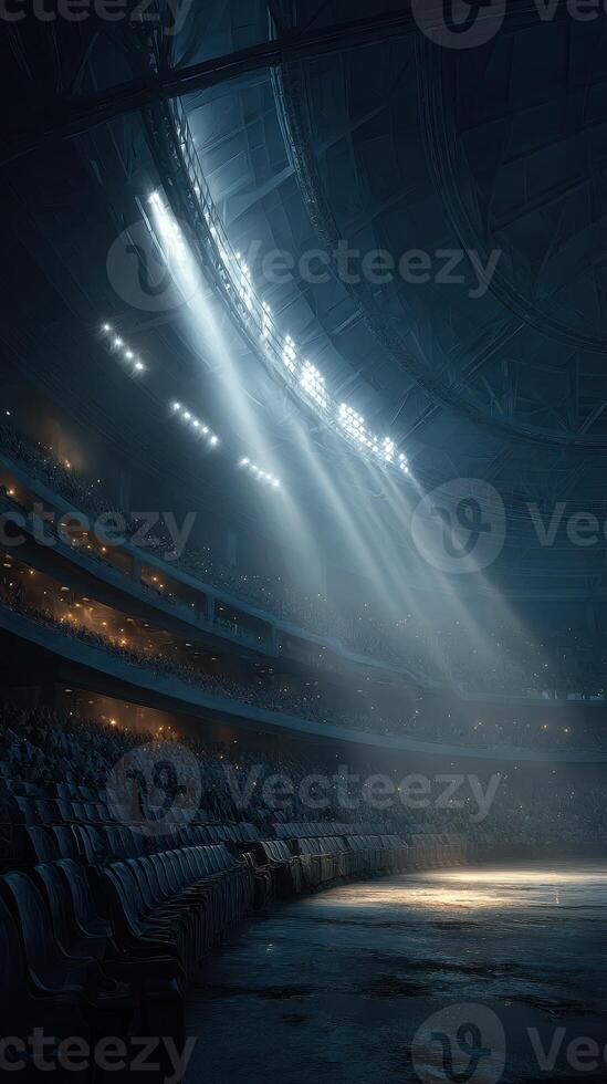 Exciting atmosphere in a large arena with focused lights and anticipation before an upcoming event photo