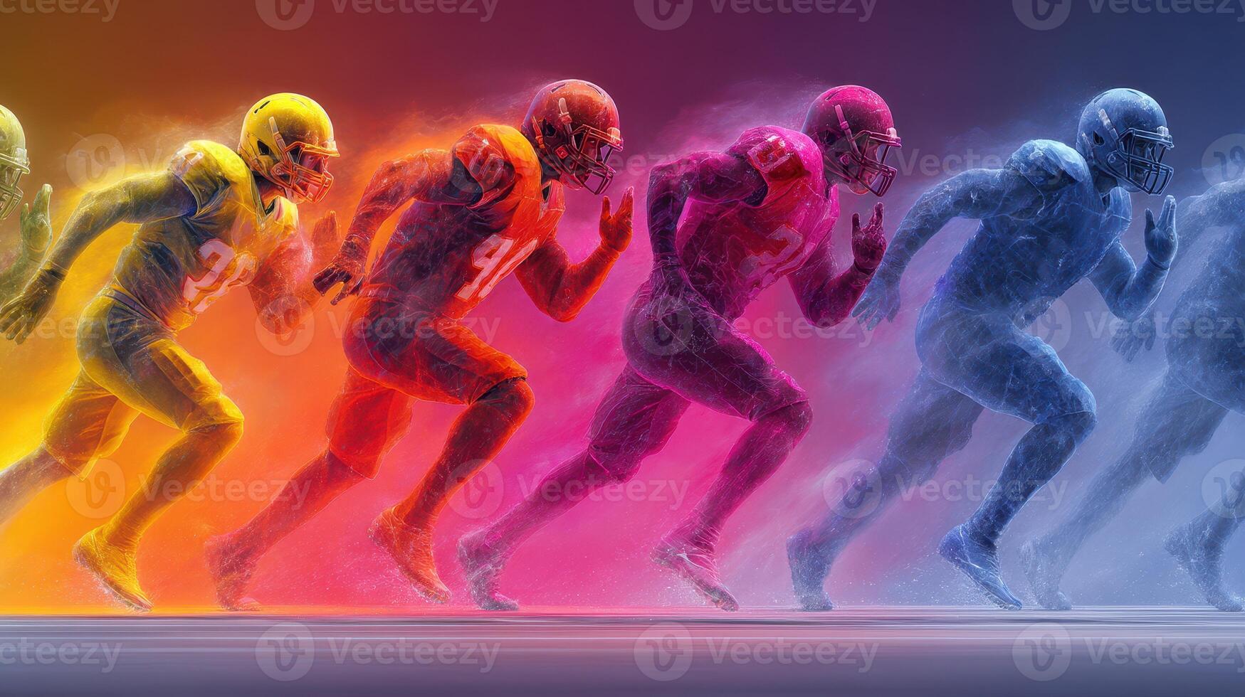 Dynamic portrayal of football players in action during a competitive match at sunset photo