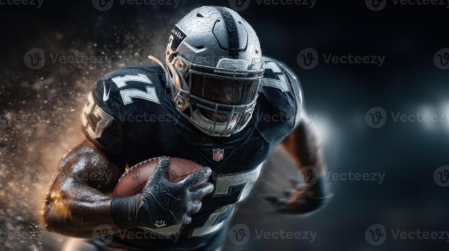 Running back dodges defenders during NFL playoff game under stadium lights in Las Vegas photo