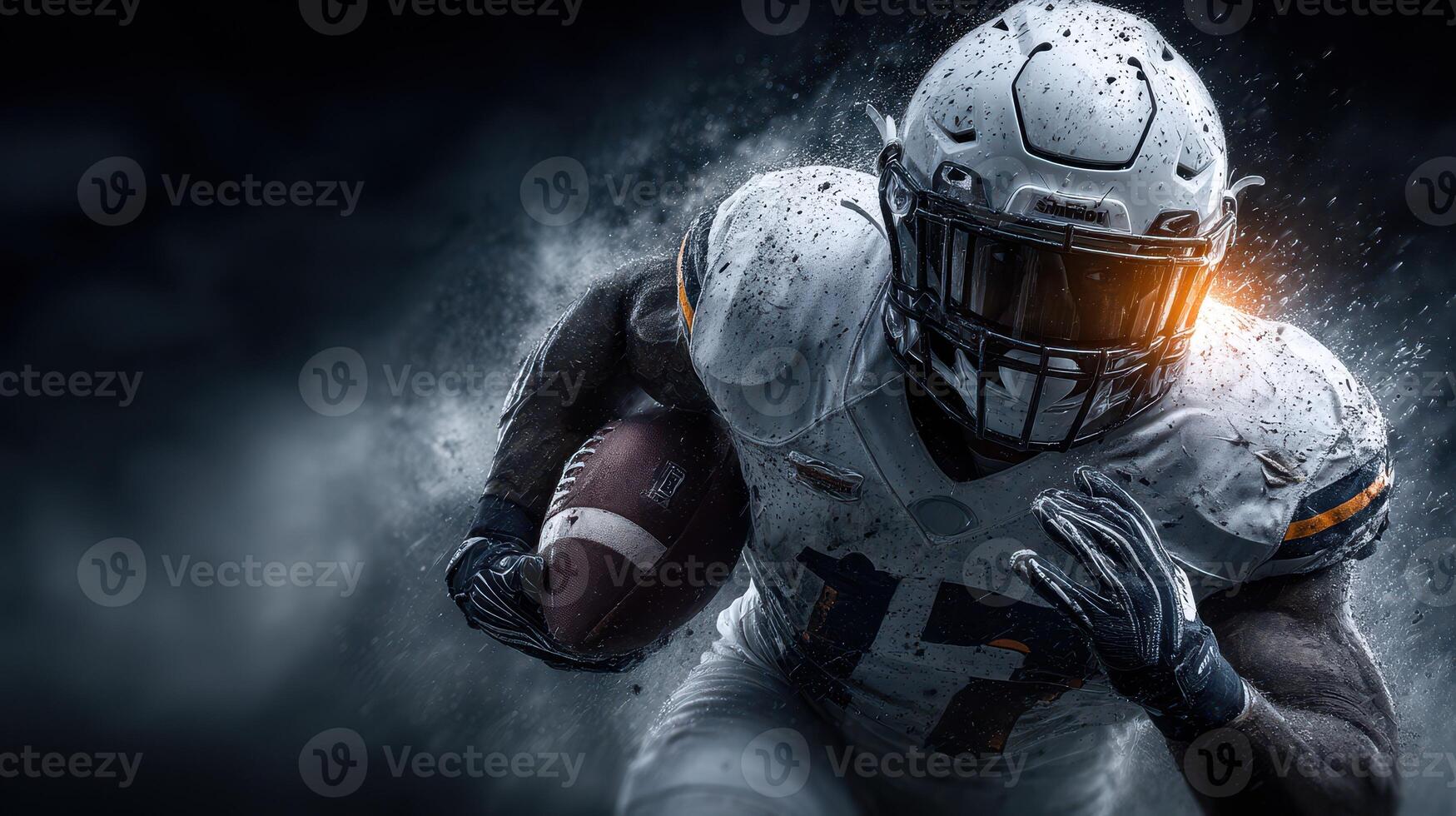 Dynamic football player sprinting with determination and focus during a night game in a high-energy atmosphere photo
