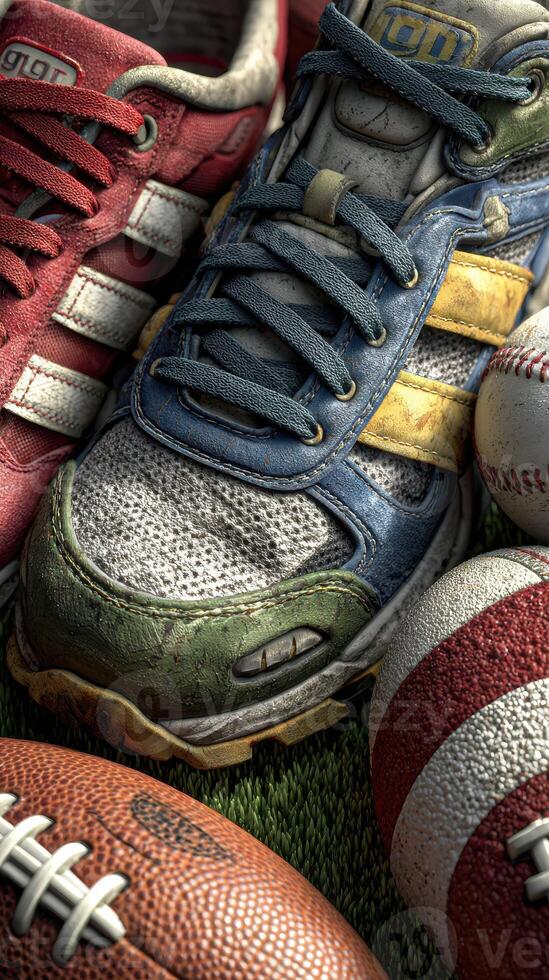 Vintage sports footwear and equipment displayed on grass terrain at a local sporting event photo