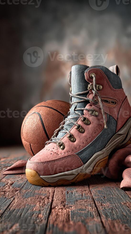Vintage basketball shoe beside a worn basketball on a weathered wooden surface in soft light photo