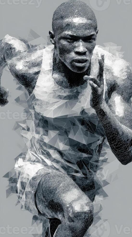 Dynamic runner in geometric abstraction sprinting on a gray background during a competitive athletic event photo