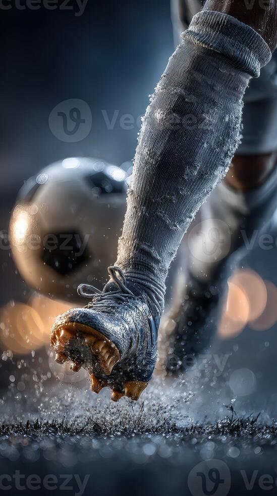 Dynamic soccer player dribbles a ball on a wet field during a rainy evening match photo