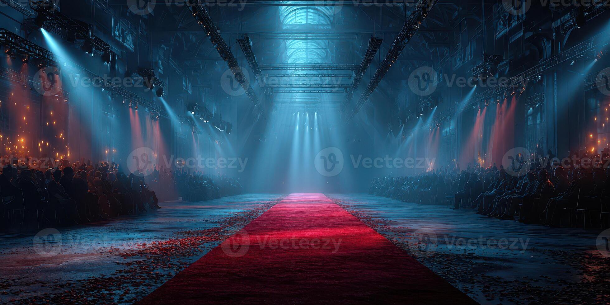 Dramatic runway setup in an atmospheric venue filled with anticipation for a fashion show event photo