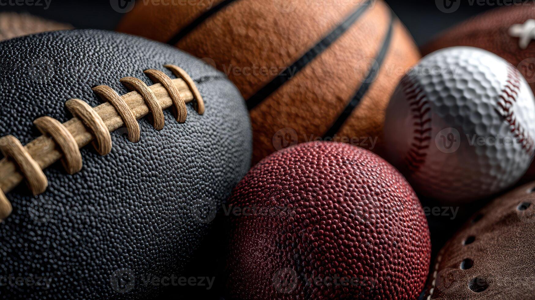 Different types of sports balls arranged closely on a dark background showcasing textures and colors photo