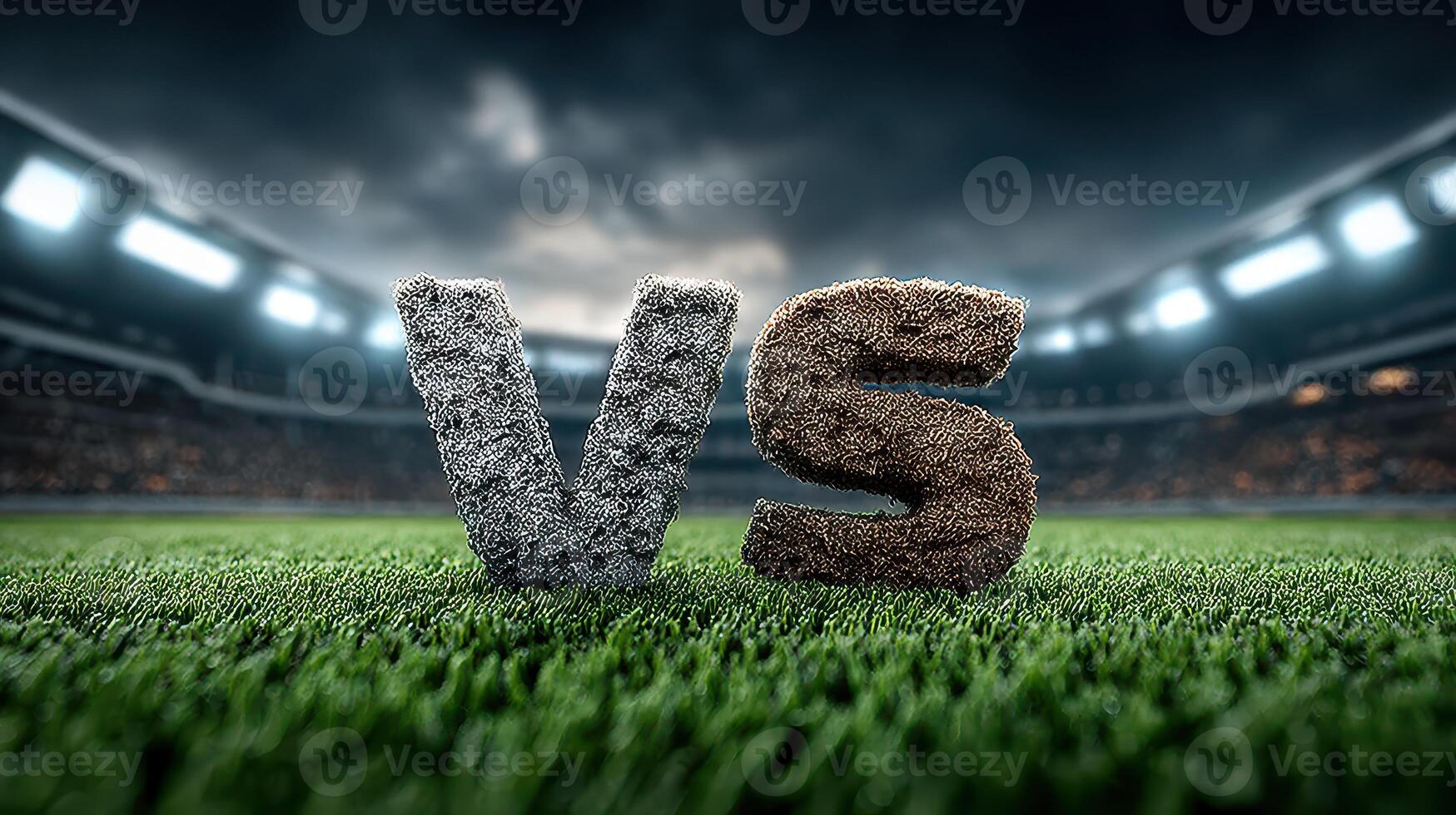 Competition between teams depicted by textured letters in a stadium during a match under dramatic lighting photo