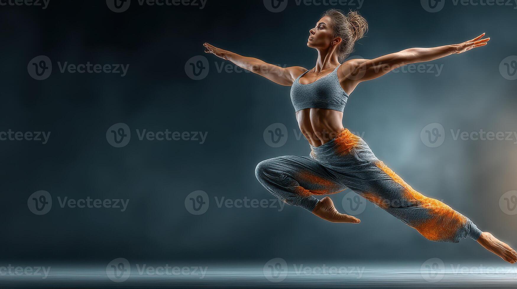 Dynamic dancer leaps gracefully against a dramatic backdrop, showcasing strength and elegance during a performance practice photo