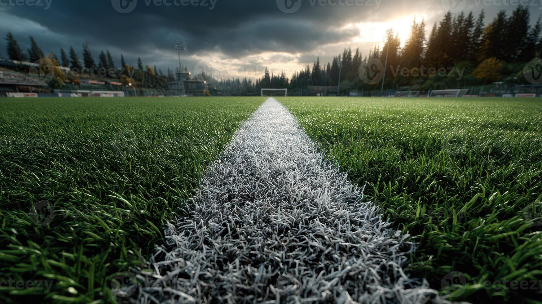 Soccer field under a dramatic sky at sunset with a focus on the grass and line marking the goal area photo