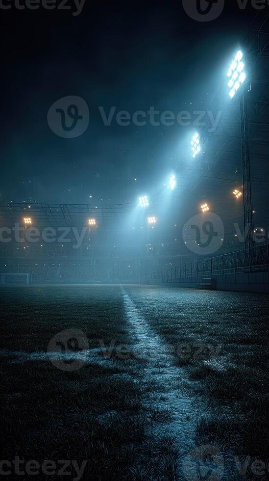 Nighttime view of a stadium field illuminated by high-intensity lights during a silent moment prior to a big match photo