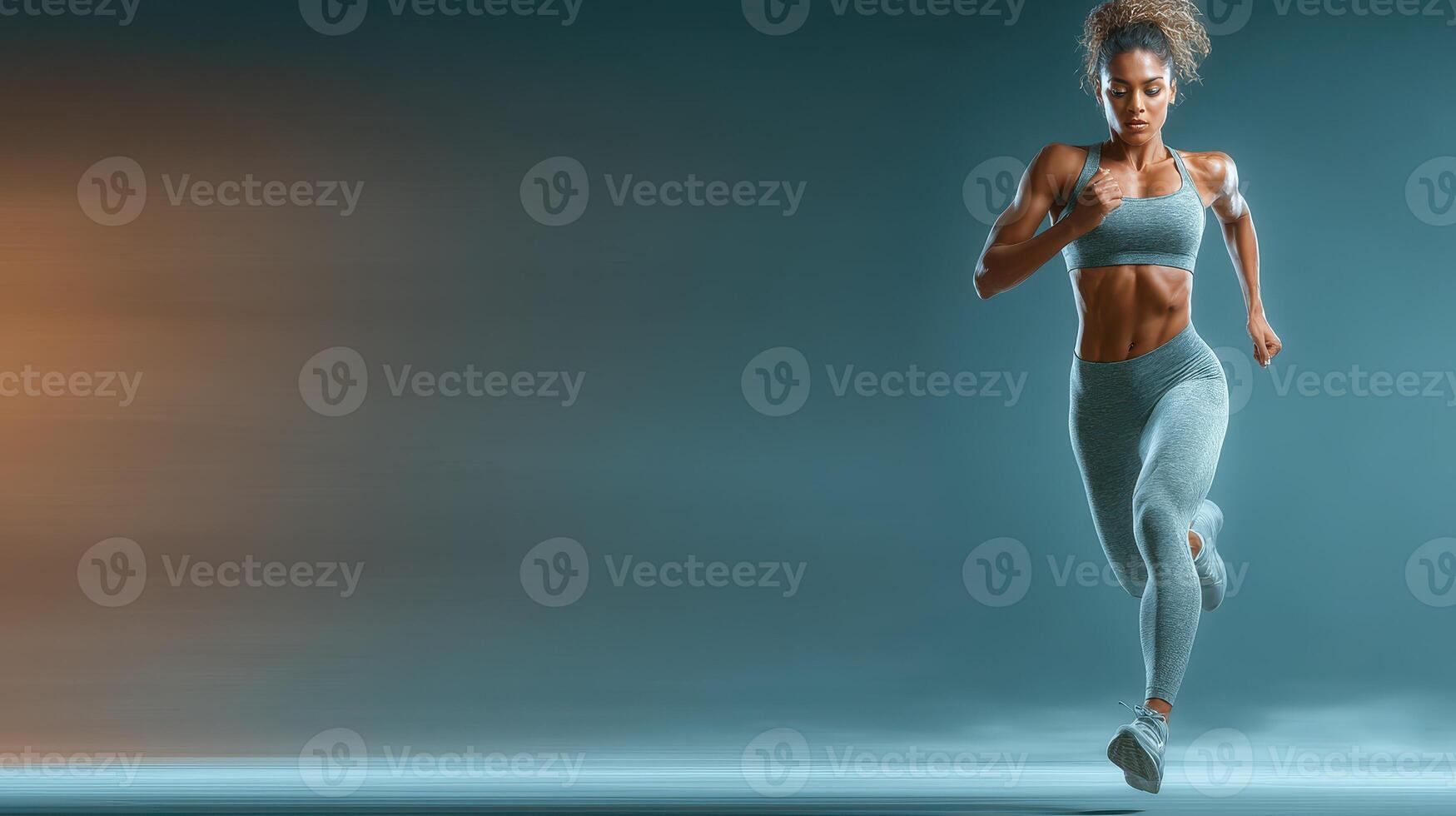 Athlete runs swiftly in a dynamic training session with vibrant lighting effects in a fitness studio photo