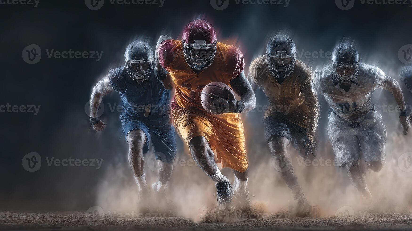 Dynamic football players sprinting in a dramatic chase during an intense game at dusk with dust rising photo