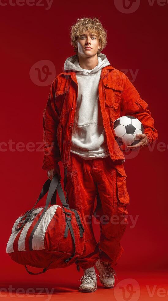 Young athlete poses confidently in bright red sportswear with a soccer ball and bag against a bold background photo