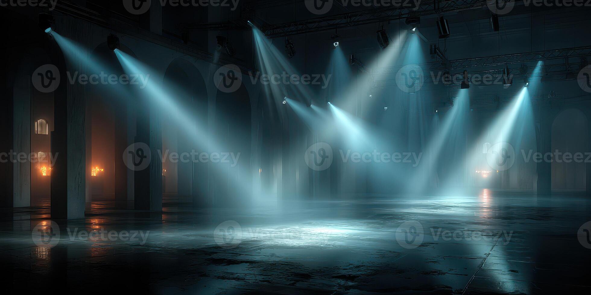 Rain of light beams creates an ethereal atmosphere in an abandoned industrial space during the night photo