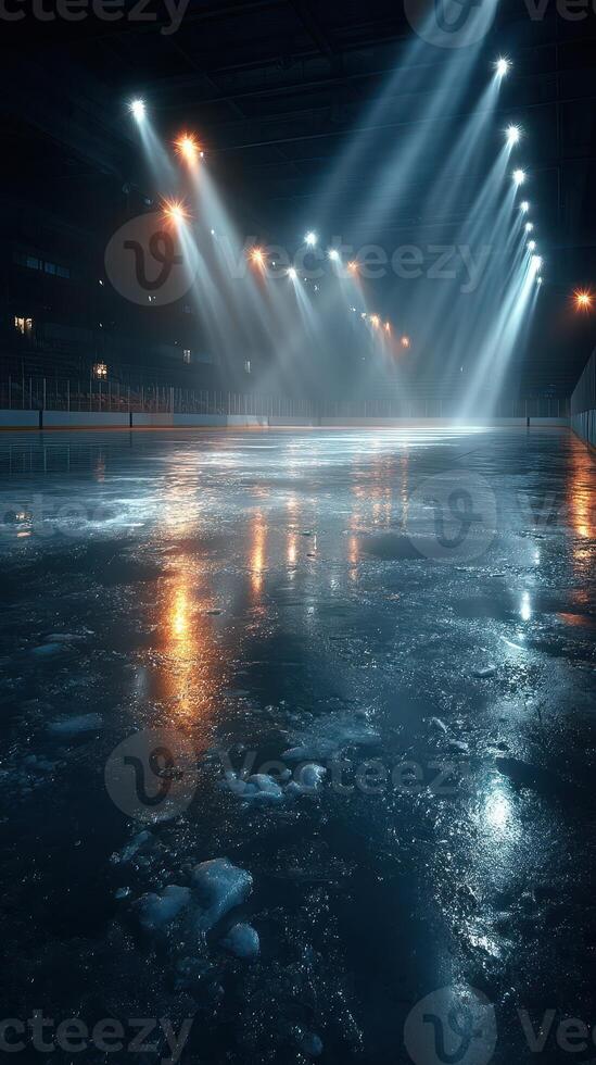 Ice rink illuminated with dramatic lighting in an empty arena during evening hours photo
