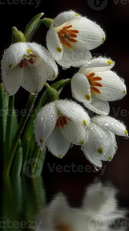 Snowdrop flowers with water droplets reflecting in a dark background during early spring photo