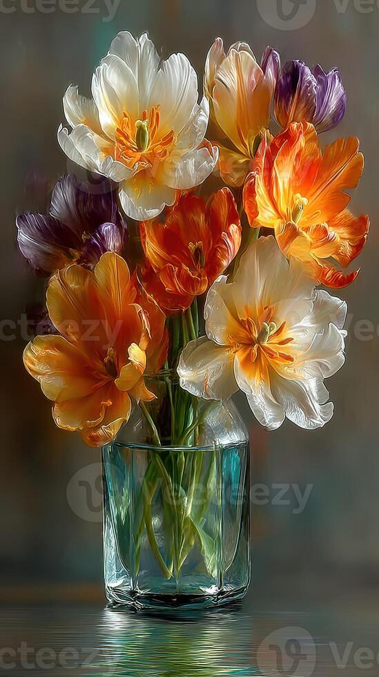Vibrant tulips arranged in a clear vase capturing the beauty of spring photo