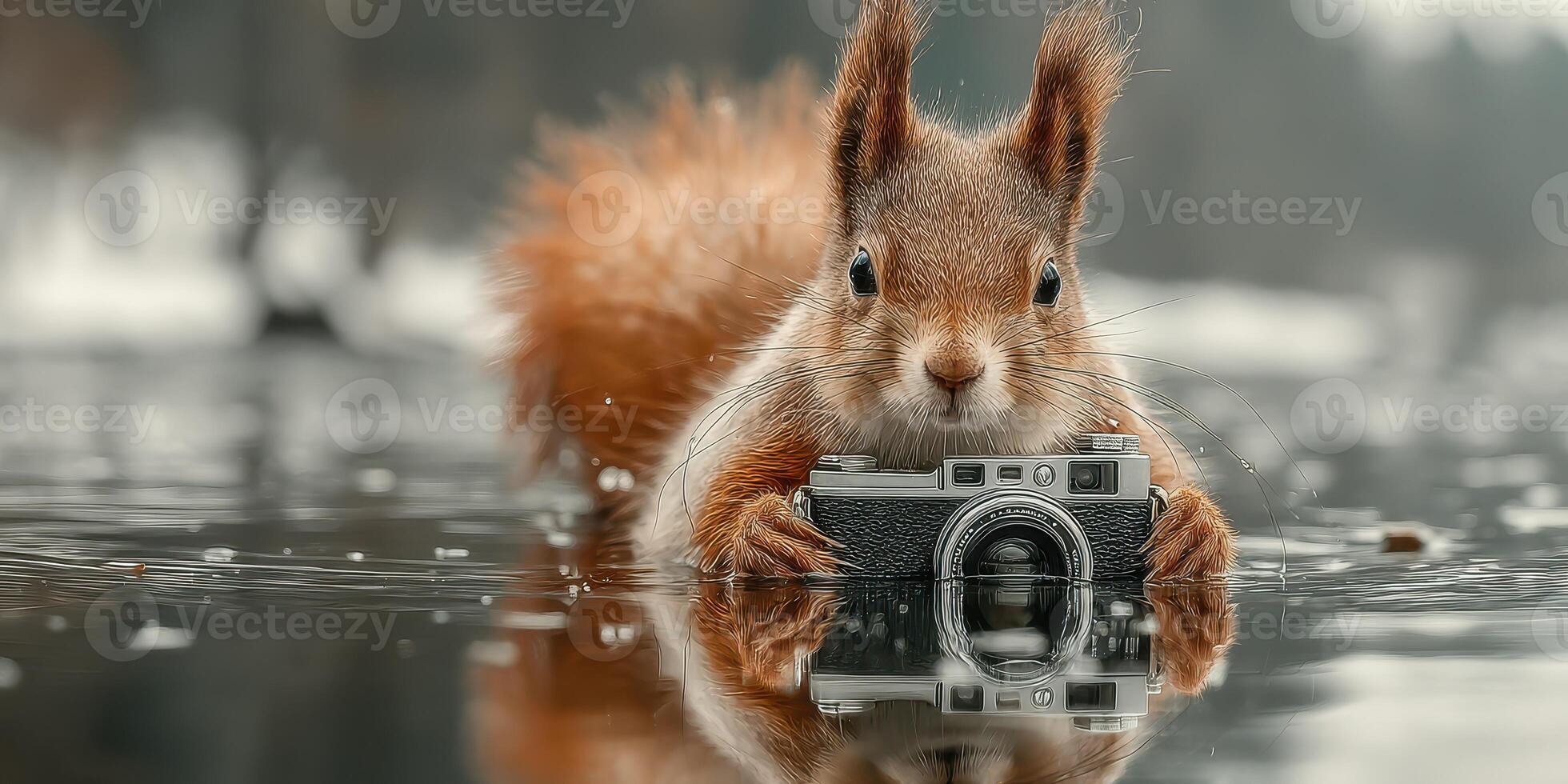 Squirrel holds a vintage camera while floating on water in a forest setting during a calm autumn day photo