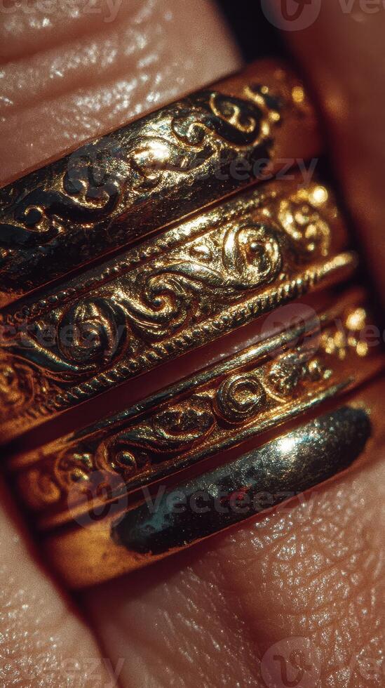 Close-up of detailed decorative rings showcasing intricate designs on a hand in natural light photo