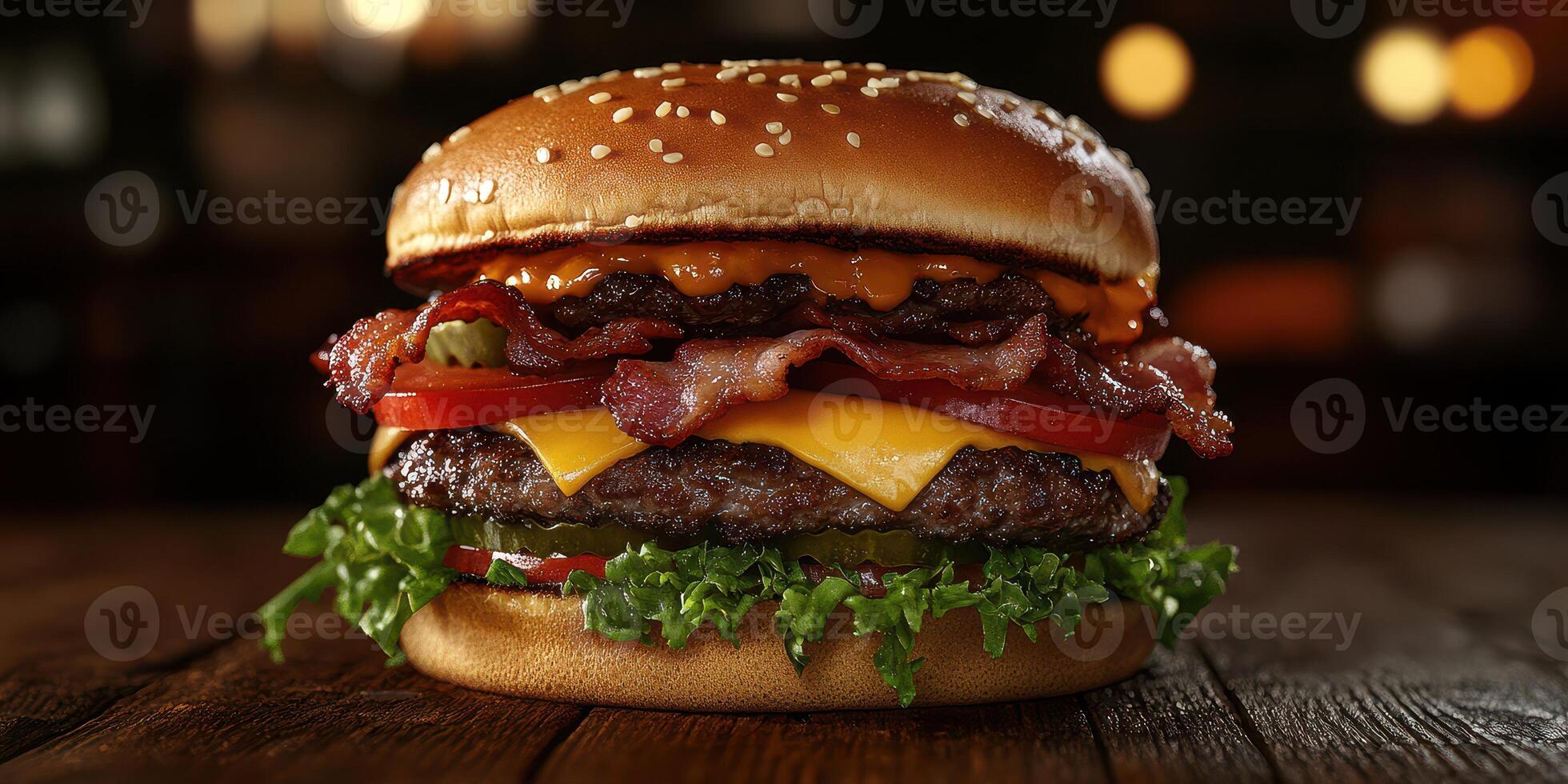 Delicious burger stacked with bacon, cheese, and fresh vegetables served on a rustic wooden table photo