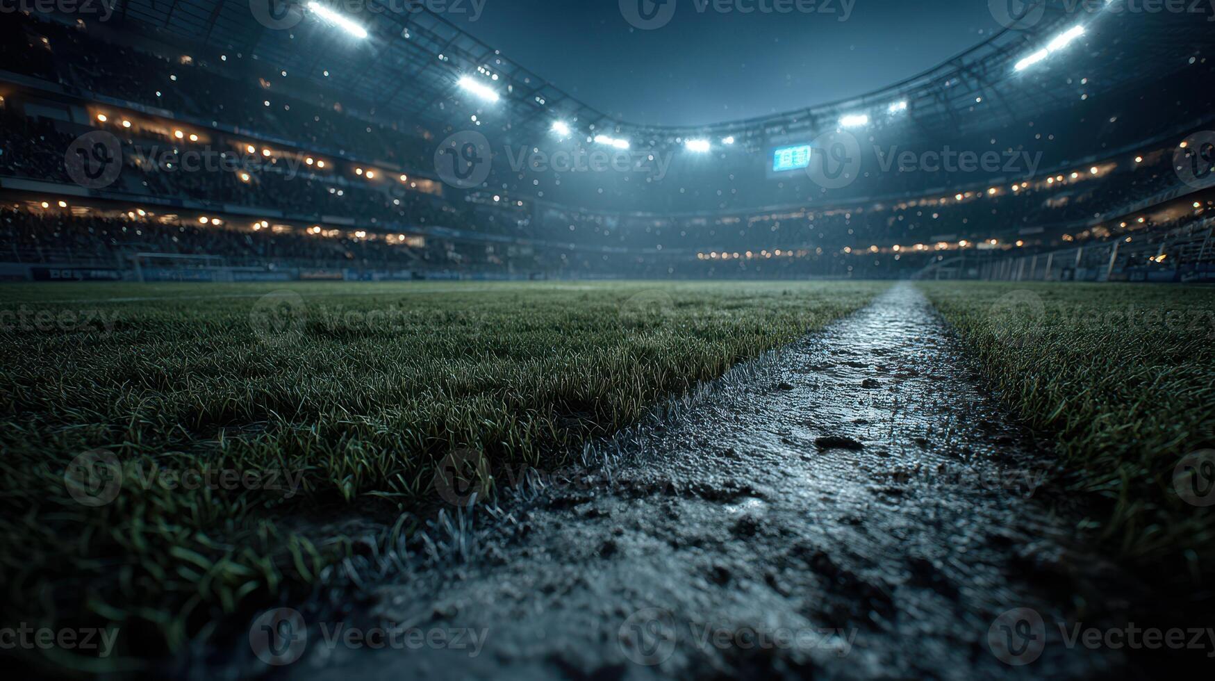 Spectacular night at the stadium showcases vibrant grass and empty stands before exciting soccer match begins photo