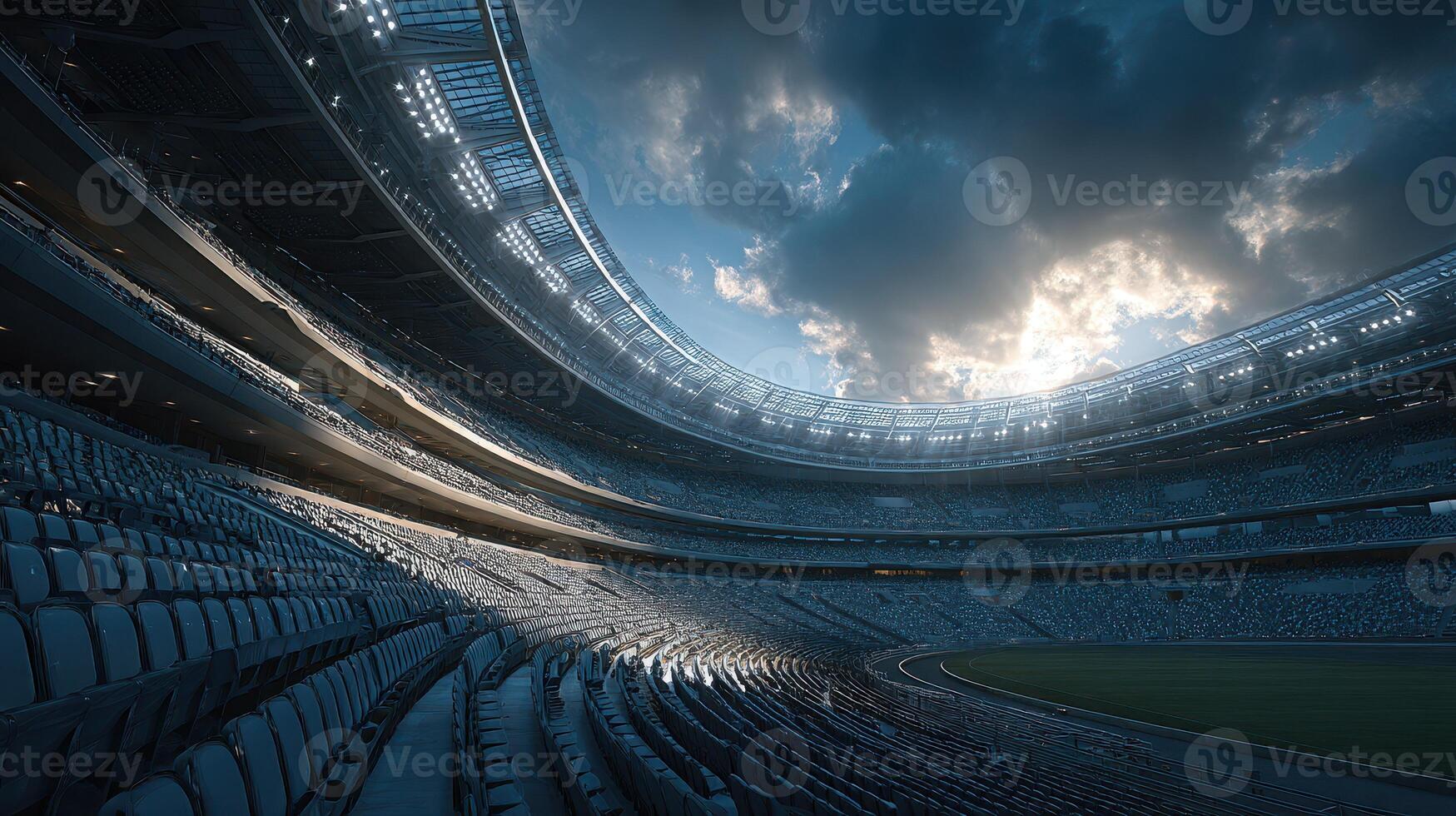 Stadium interior with empty stands illuminated by evening light showcasing an atmospheric sky and dramatic clouds photo