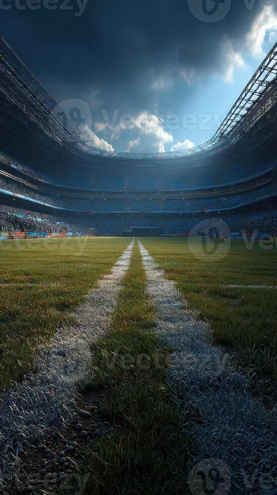 Exciting match atmosphere at a stadium with a perfectly maintained soccer field under dramatic cloudy sky photo