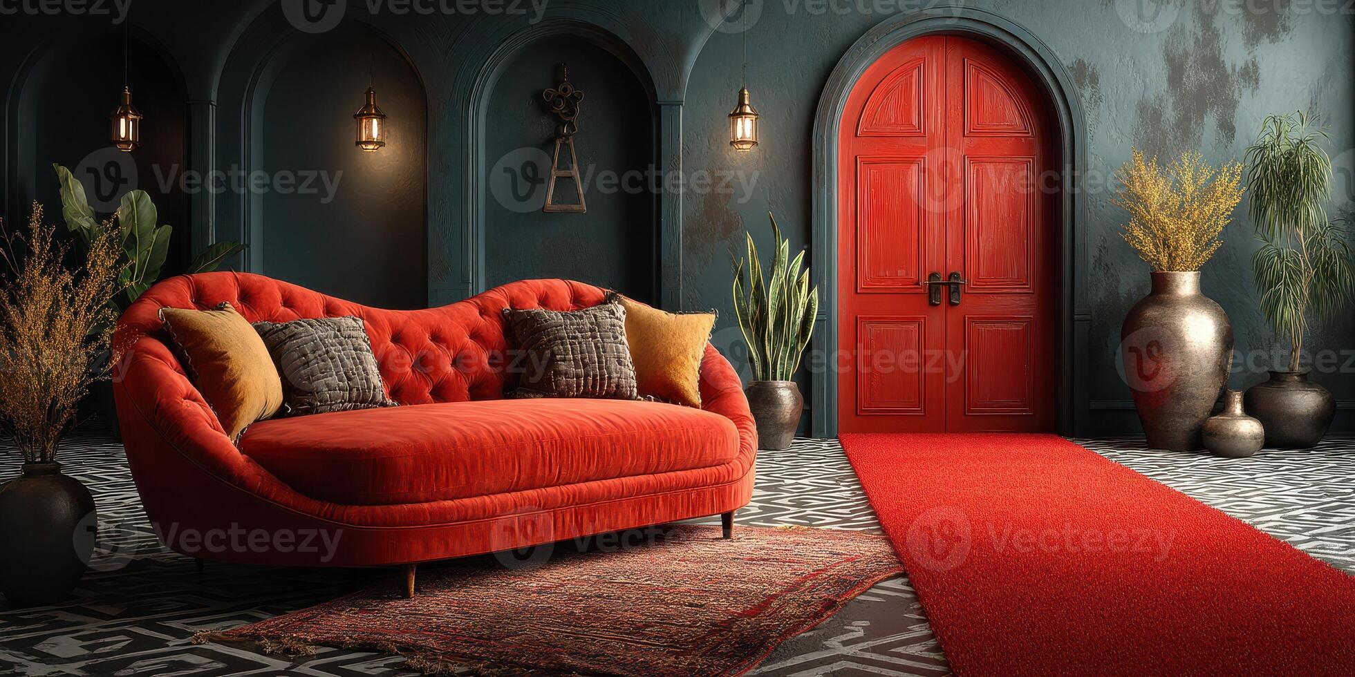 Red velvet couch in a stylish entryway with vibrant decor, welcoming atmosphere photo
