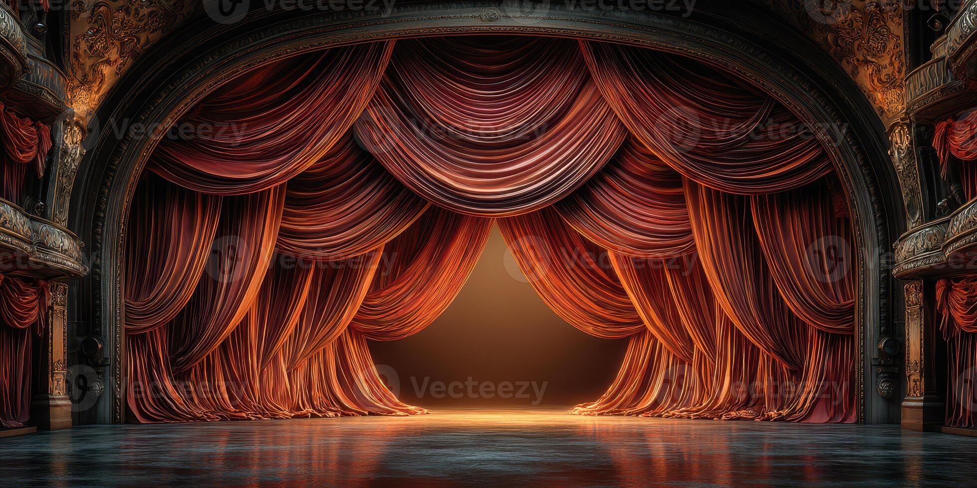 Dramatic stage curtains reveal a captivating performance setting in a historic theater during a vibrant evening show photo