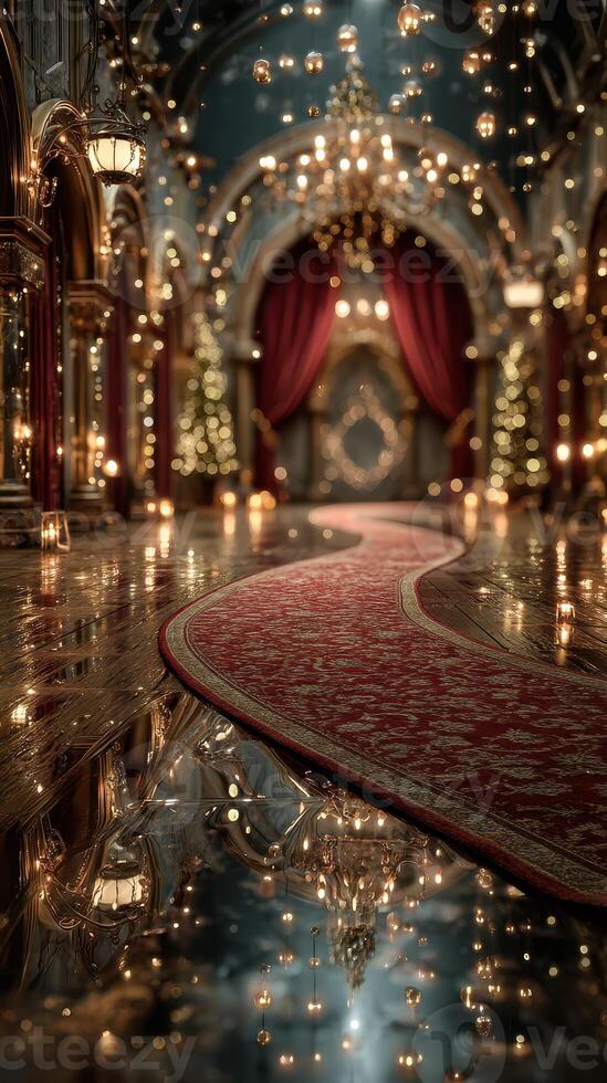 Elegant indoor venue adorned with festive lights and decorations during an evening celebration photo