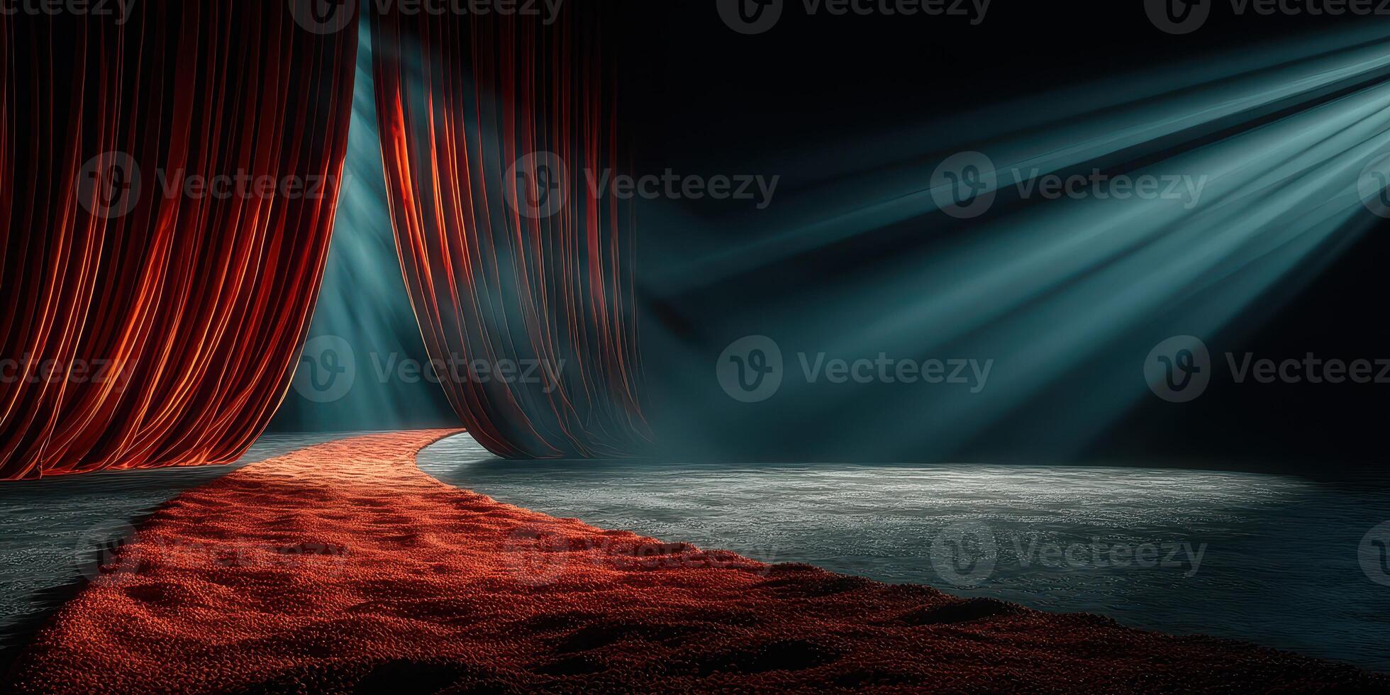 Curtains parting on a theater stage, revealing a lit pathway in a darkened space filled with anticipation photo