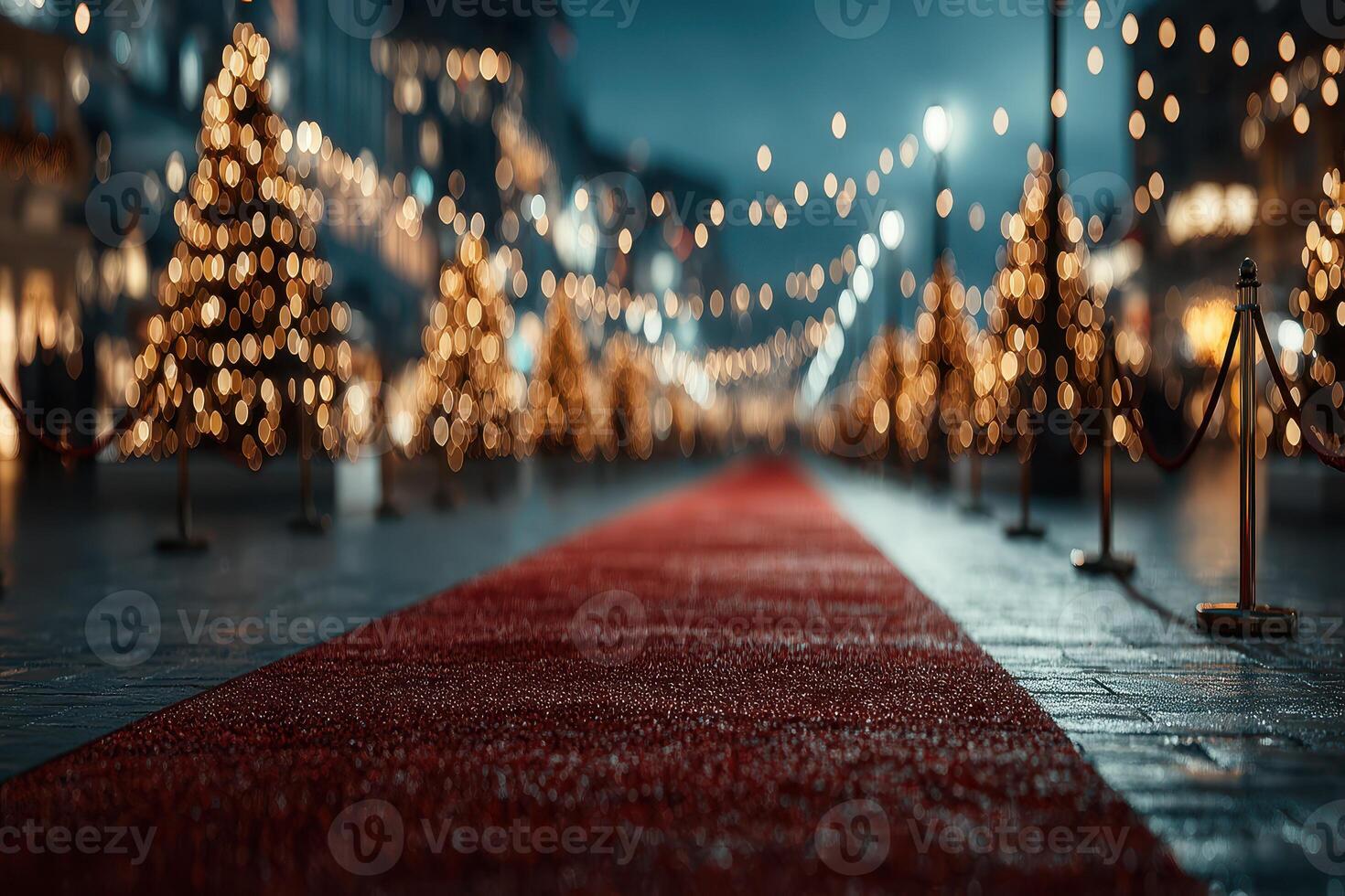Elegant red carpet lined with festive lights and Christmas trees at a winter evening event in a bustling city photo