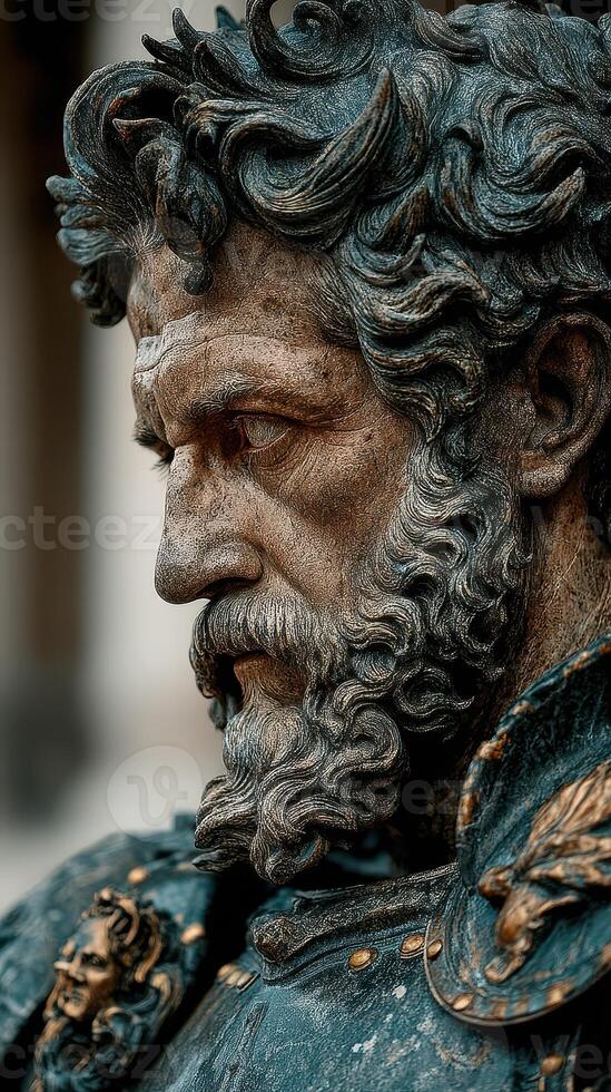 Portrait of a weathered warrior sculpture in a historical urban setting during midday photo
