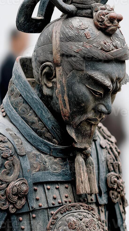 Intricate detail of a historic warrior statue displayed in an ancient art exhibition outdoors photo