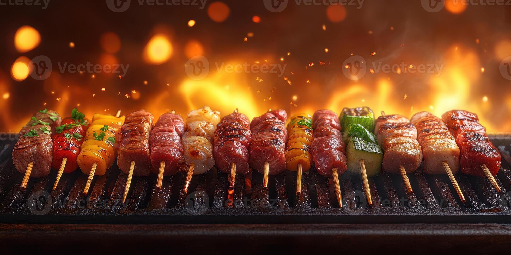Grilled skewers on a barbecue with flames and smoke at a summer cookout in the evening photo