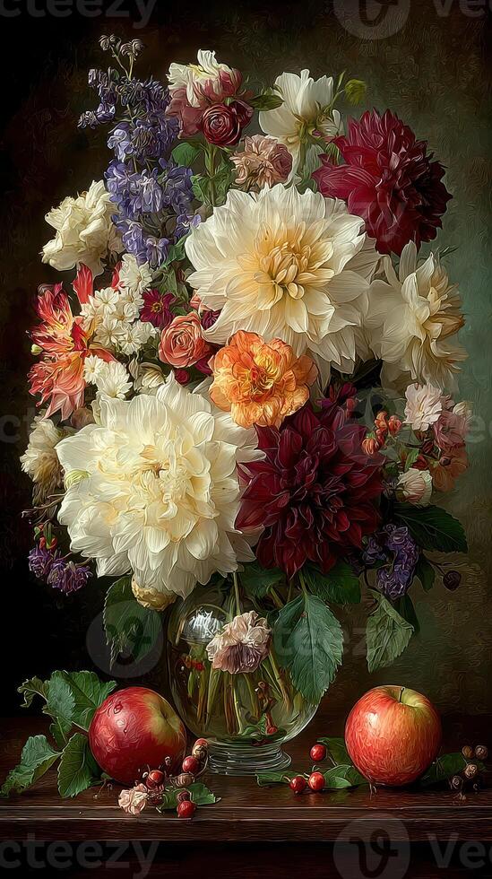 Vibrant floral arrangement with fresh apples on a wooden table in a warm, inviting setting photo