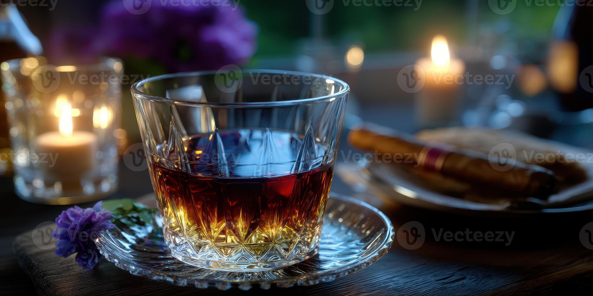 Enjoying a refined glass of whiskey beside lit candles and a plate of cigars in a cozy setting photo