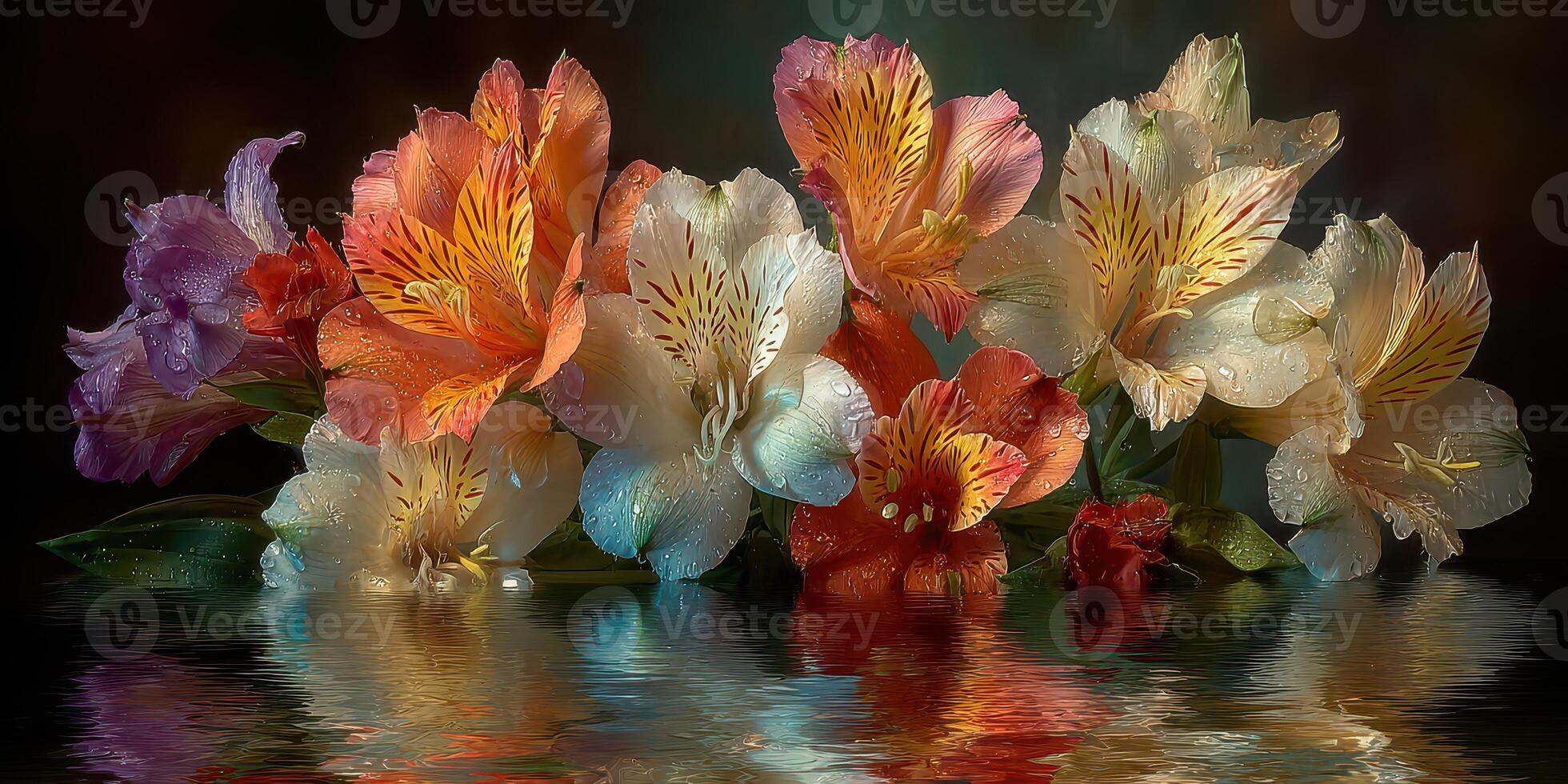Vibrant bouquet of colorful flowers reflected in water surface creating a serene atmosphere photo