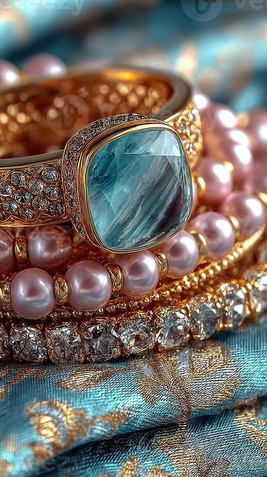 Elegant jewelry featuring gemstones and pearls arranged on a decorative fabric background photo