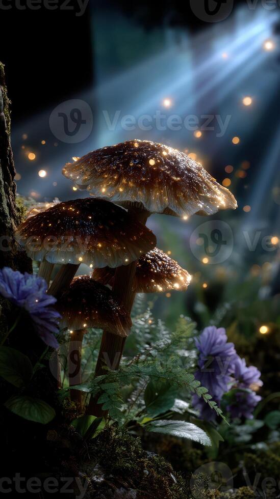 Mushrooms illuminated by soft light create a magical forest atmosphere at twilight photo