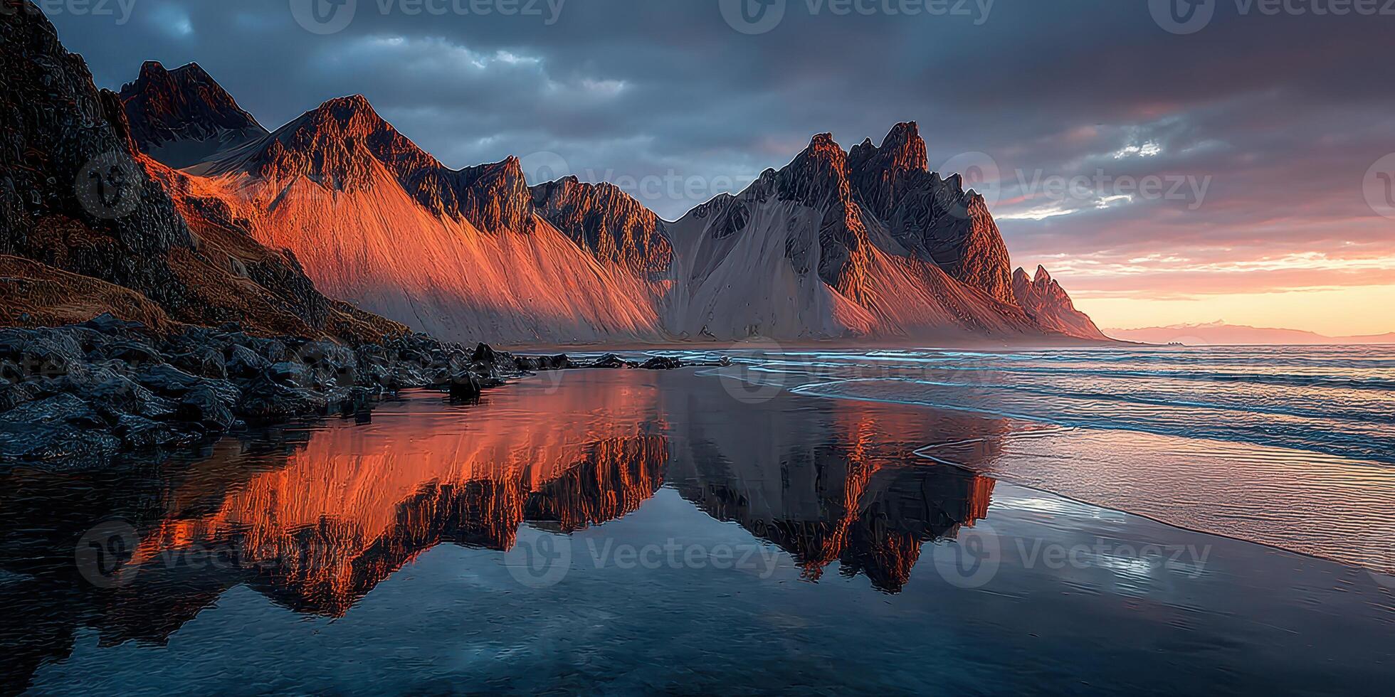 Stunning sunset over Vestrahorn mountain reflecting in calm waters on a serene beach in Iceland photo